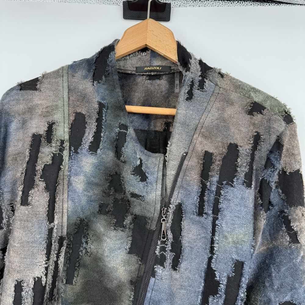 Radzoli Jacket Womens 2X Asymmetric Zip Gray Multicolor Distressed Art Lagenlook - Picture 2 of 9